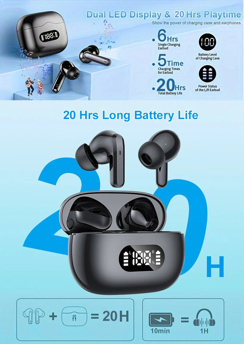 Wireless earbuds with 40dB noise cancellation, Bluetooth 5.3, 6 mics, LED display, and transparency mode. Perfect sound and comfort for everyday use!