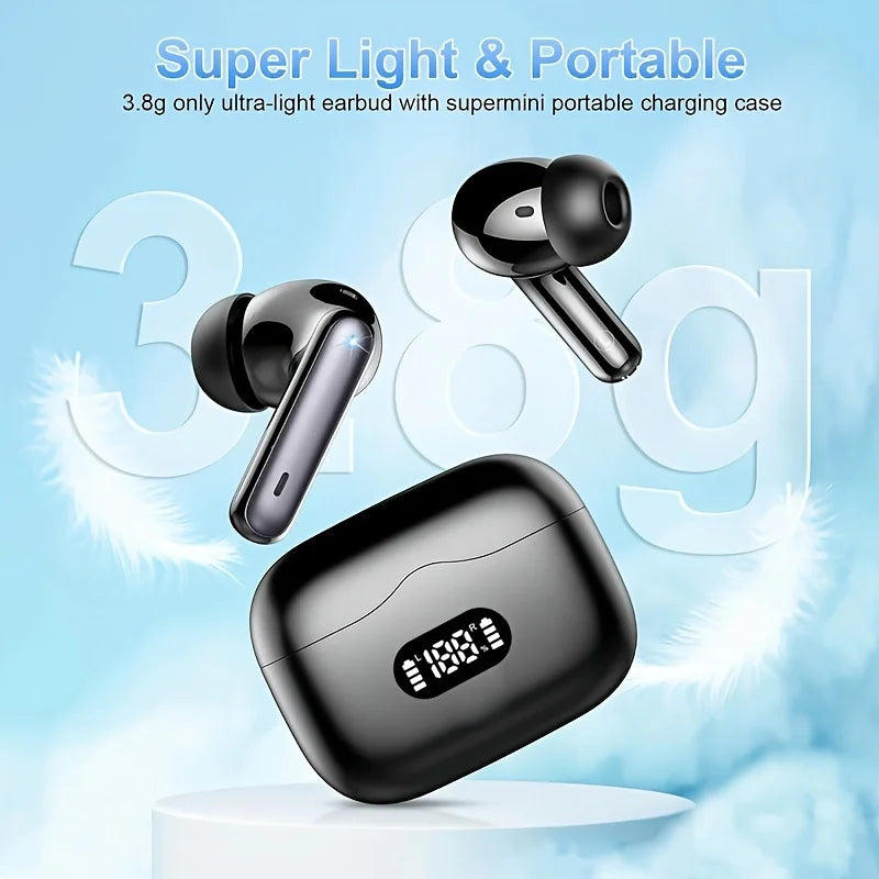 Wireless earbuds with 40dB noise cancellation, Bluetooth 5.3, 6 mics, LED display, and transparency mode. Perfect sound and comfort for everyday use!