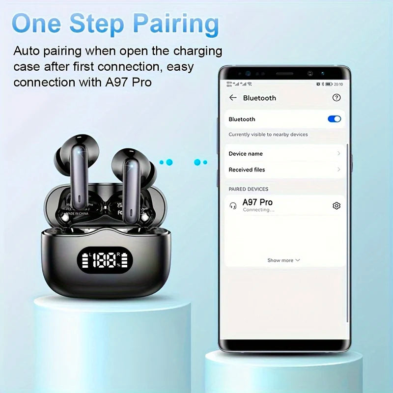 Wireless earbuds with 40dB noise cancellation, Bluetooth 5.3, 6 mics, LED display, and transparency mode. Perfect sound and comfort for everyday use!