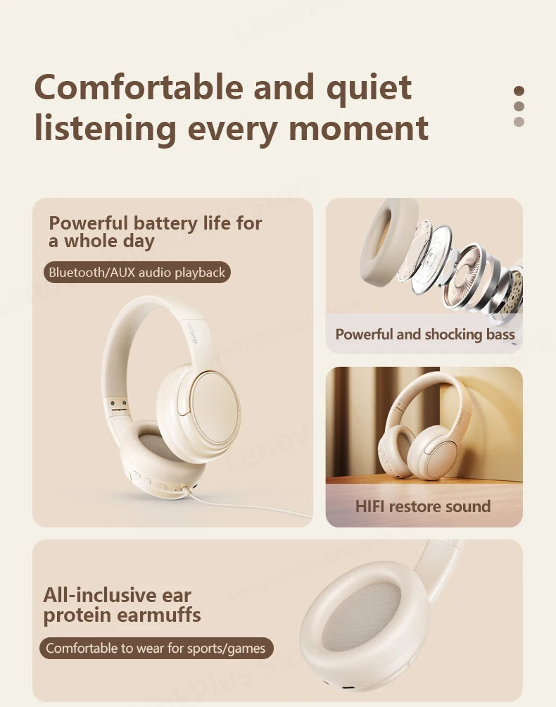 **Lenovo TH20 – Wireless Bluetooth 5.3 Headphones with Dual Mode, Foldable for Sports, Music & Gaming! 🎧**