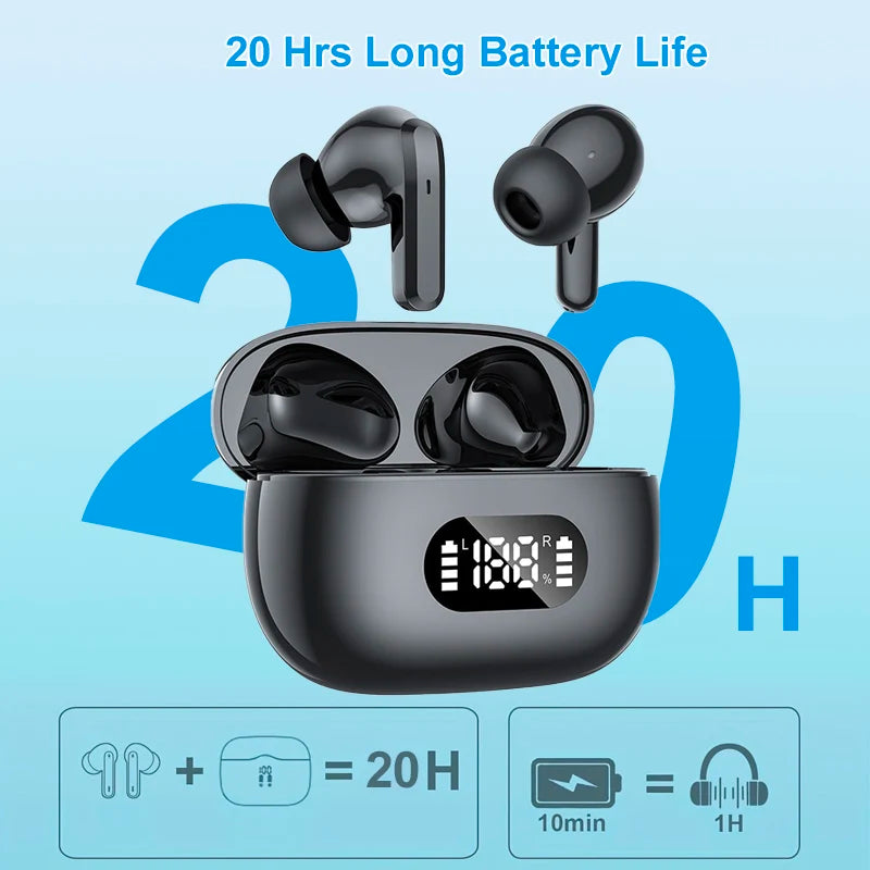 Wireless earbuds with 40dB noise cancellation, Bluetooth 5.3, 6 mics, LED display, and transparency mode. Perfect sound and comfort for everyday use!